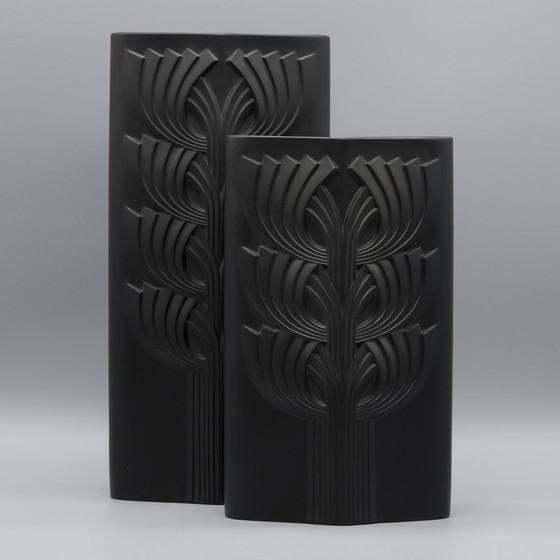 Image 1 of Rosenthal Rosemonde Nairac Porcelaine Noire Op Art Vaas Duo Levensboom 33+26Cm