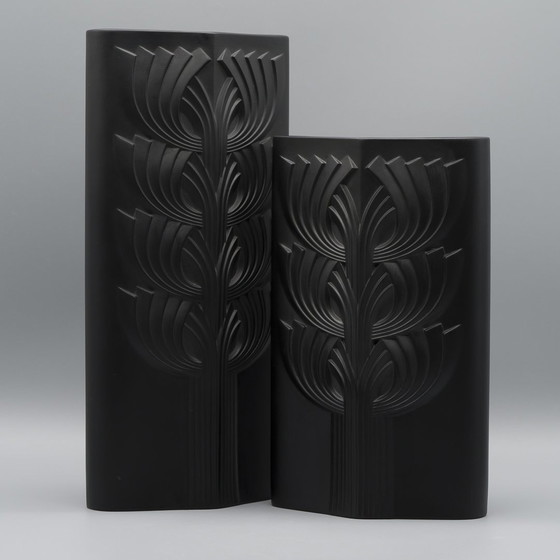 Image 1 of Rosenthal Rosemonde Nairac Porcelaine Noire Op Art Vaas Duo Levensboom 33+26Cm