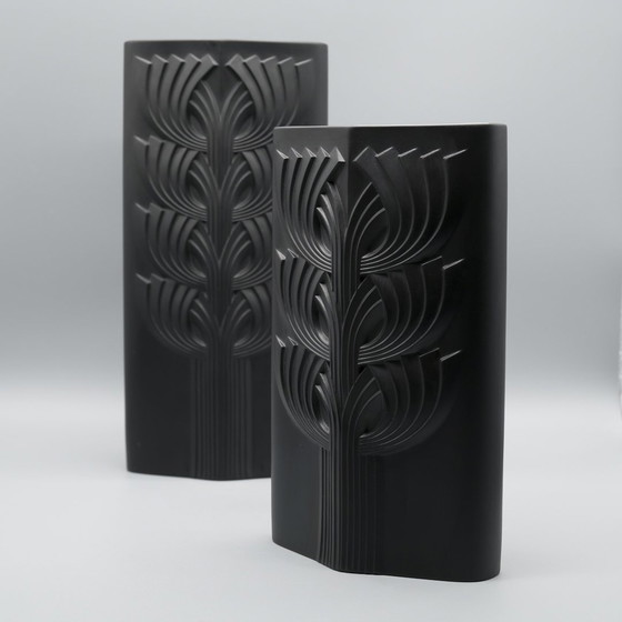 Image 1 of Rosenthal Rosemonde Nairac Porcelaine Noire Op Art Vaas Duo Levensboom 33+26Cm