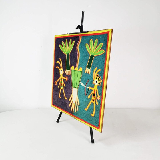 Image 1 of Vintage schilderij geweven met draad door de Huichol-stam, Mexico 1970