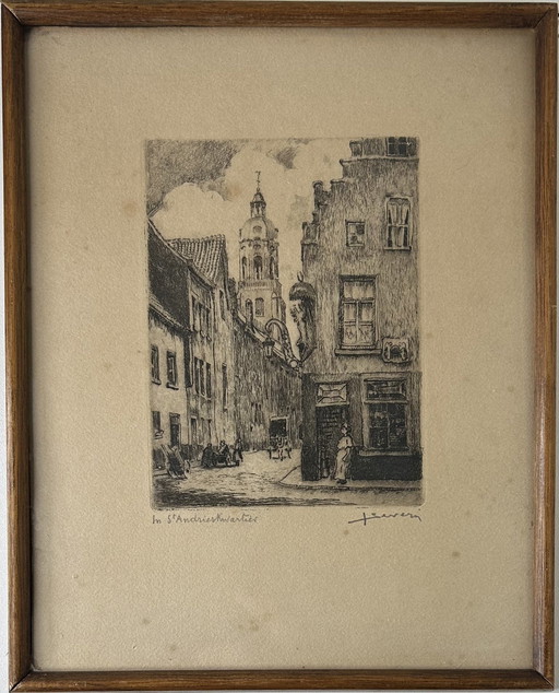 Ets Van Juliaan Severin - "In St Andrieskwartier (Gesigneerd En Titel In Potlood)