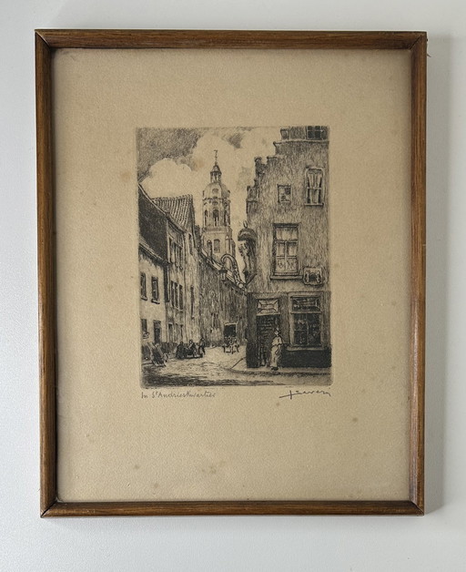 Ets Van Juliaan Severin - "In St Andrieskwartier (Gesigneerd En Titel In Potlood)