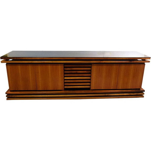 Vintage highboard in walnoot en glas 1970