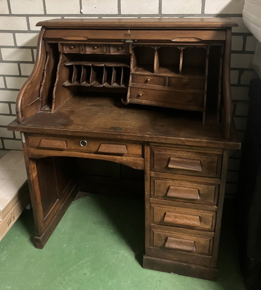 Antiek Eikenhouten Secretaire (Bureau) Met Rolluik