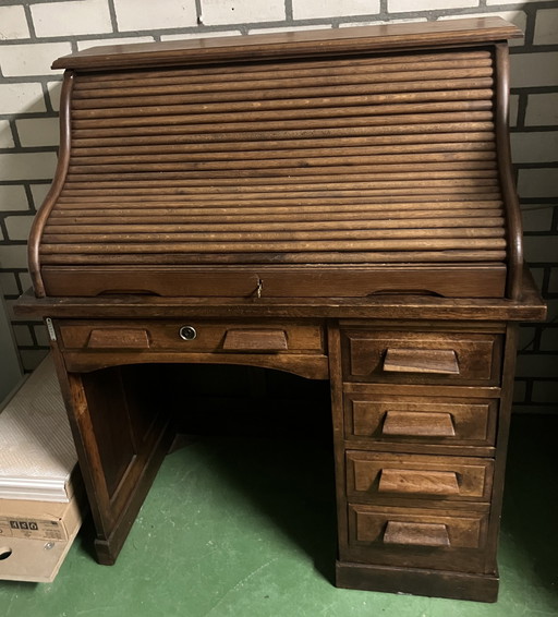 Antiek Eikenhouten Secretaire (Bureau) Met Rolluik