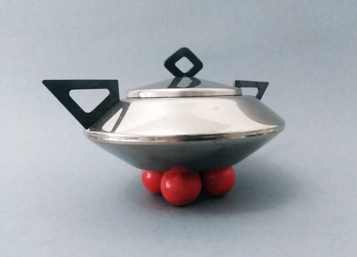 Space-Age/Postmoderne Metalen Suikerpot Met Deksel Op 4 Rode Bollen Op Poten 1980S