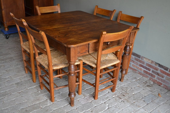 Image 1 of Antieke Eiken Houten Eettafel Met 6 Stoelen