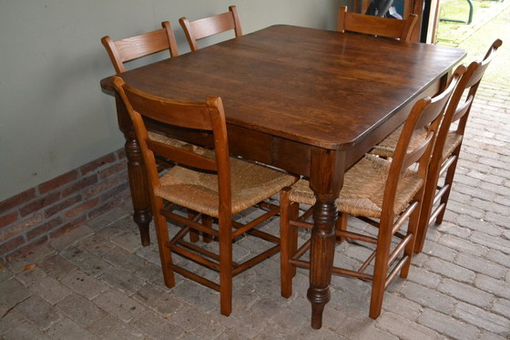 Image 1 of Antieke Eiken Houten Eettafel Met 6 Stoelen