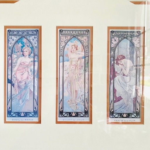 Vintage schilderij Mucha ingelijste prent vier jaargetijden 1990's