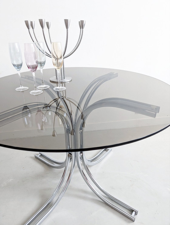 Image 1 of Vintage Italiaanse eettafel met chroom en gerookt glas