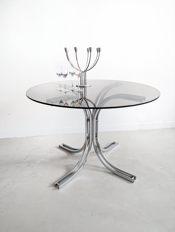 Image 1 of Vintage Italiaanse eettafel met chroom en gerookt glas