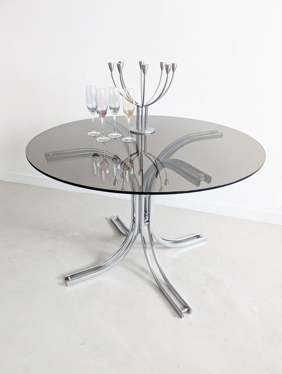 Image 1 of Vintage Italiaanse eettafel met chroom en gerookt glas