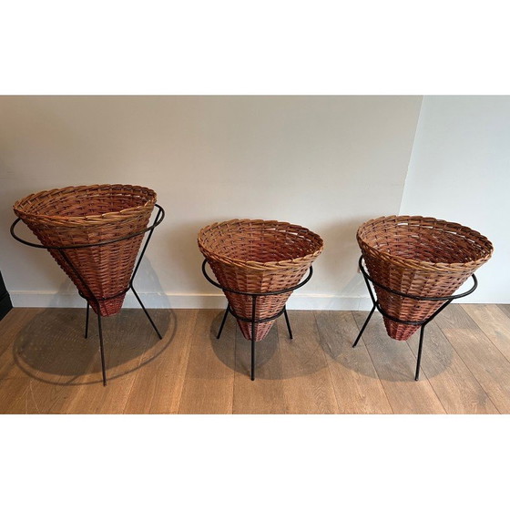 Image 1 of Set van 3 vintage plantenbakken van zwart gelakt metaal en rotan, 1950