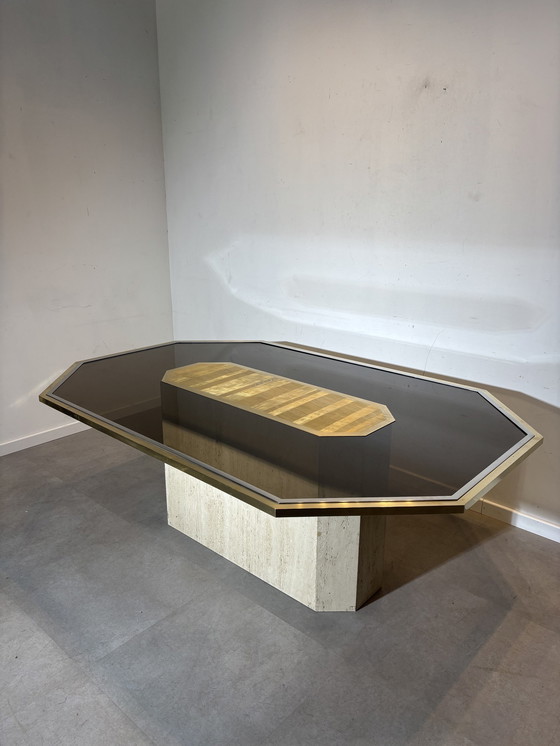 Image 1 of Roger Vanhevel - Messing geëtste travertijnen eettafel