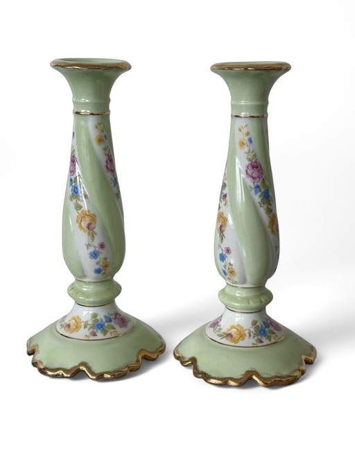 Limoges Porseleinen Kandelaars Frankrijk Vintage M.T Nicolas
