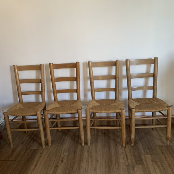 Image 1 of Set van 4 vintage stoelen van hout en stro