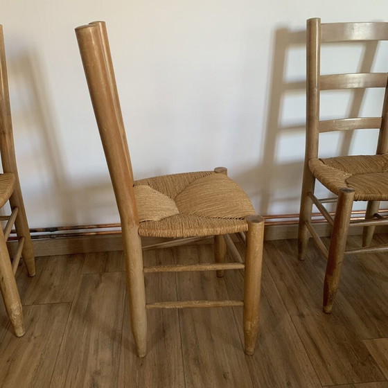 Image 1 of Set van 4 vintage stoelen van hout en stro