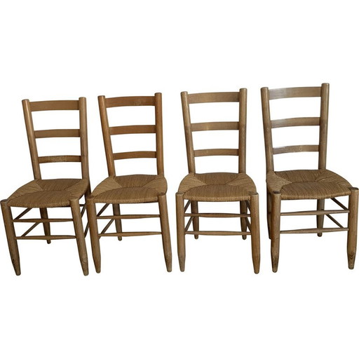 Set van 4 vintage stoelen van hout en stro