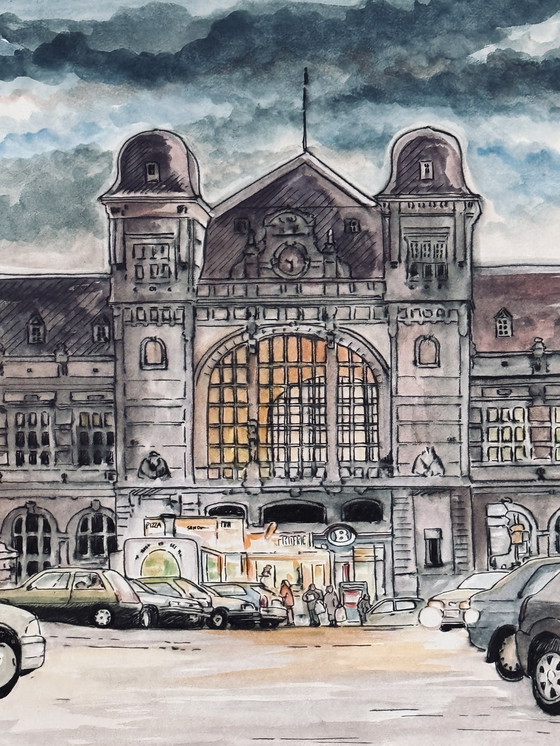 Image 1 of Jean Dengis ( 1943 ) Prachtige tekening " Verviers La Gare " 1998 / Zeer Goede Kwaliteit