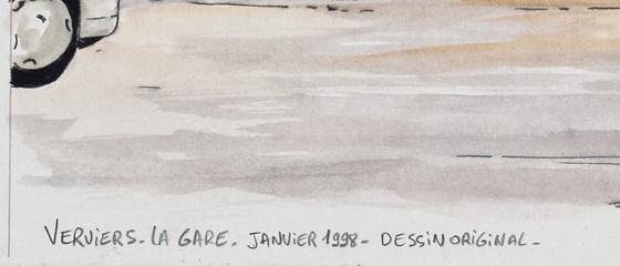 Image 1 of Jean Dengis ( 1943 ) Prachtige tekening " Verviers La Gare " 1998 / Zeer Goede Kwaliteit