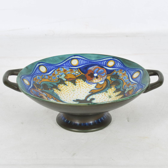 Image 1 of Corona Gouds Plateel - Art Deco Schaal met Handvatten