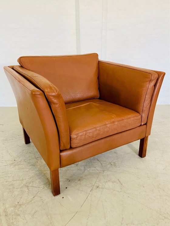 Image 1 of Mid Century Vintage Scandinavische Leren Loungestoel In Cognac Leer
