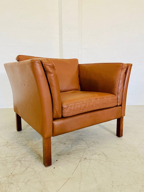 Image 1 of Mid Century Vintage Scandinavische Leren Loungestoel In Cognac Leer
