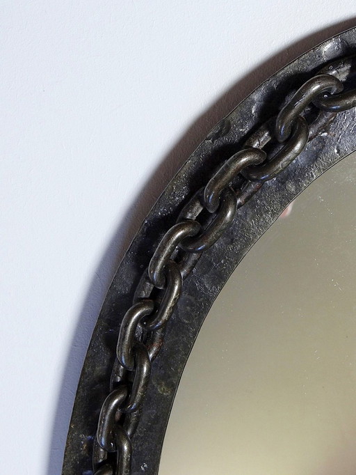 Vintage 60's Ovale Wandspiegel Smeedijzer En Geslagen Brutalistische Ketting