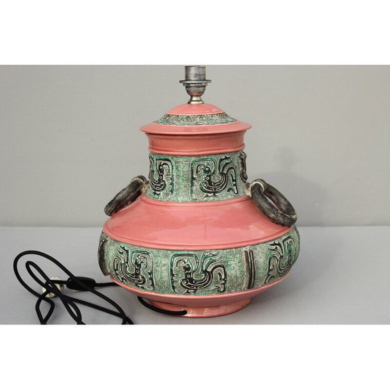 Image 1 of Vintage Majolica keramiek en textiel tafellamp, Italië 1970