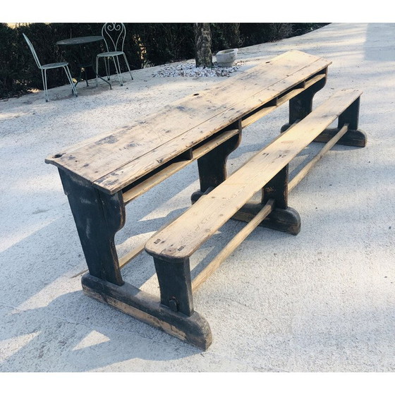 Image 1 of Vintage houten lessenaar met vijf zitplaatsen