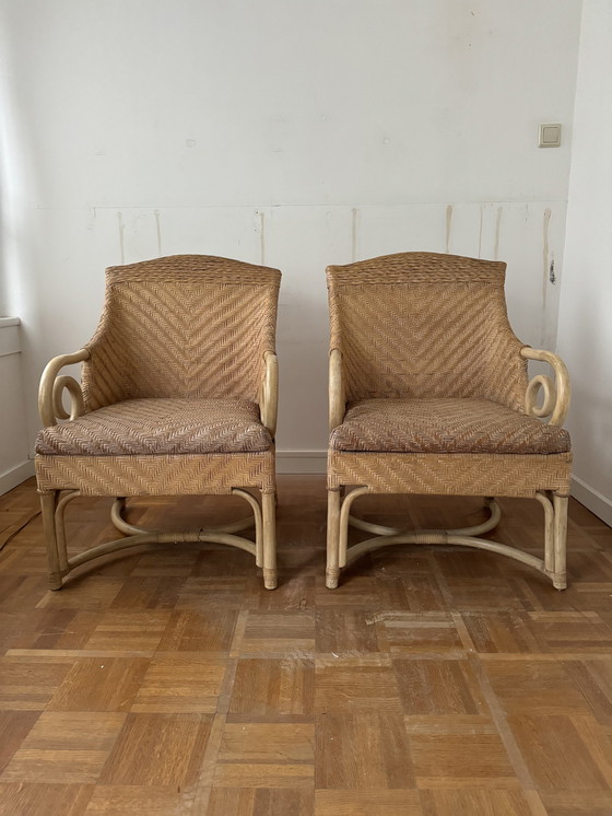 Image 1 of 2x Franse Stoelen Rotan / Leer/ Bamboe