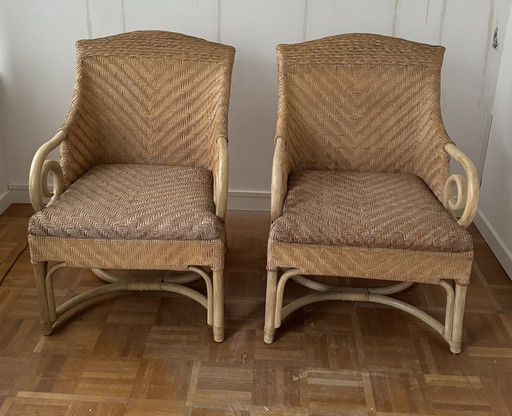 2x Franse Stoelen Rotan / Leer/ Bamboe