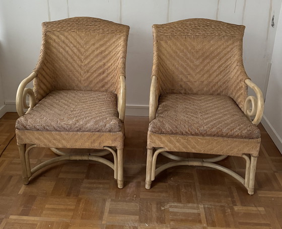 Image 1 of 2x Franse Stoelen Rotan / Leer/ Bamboe