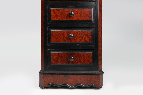 Image 1 of Zeldzame Antieke Franse ladekast van hout, wortelnotenfineer en marmer, ca. 1850