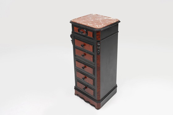Image 1 of Zeldzame Antieke Franse ladekast van hout, wortelnotenfineer en marmer, ca. 1850