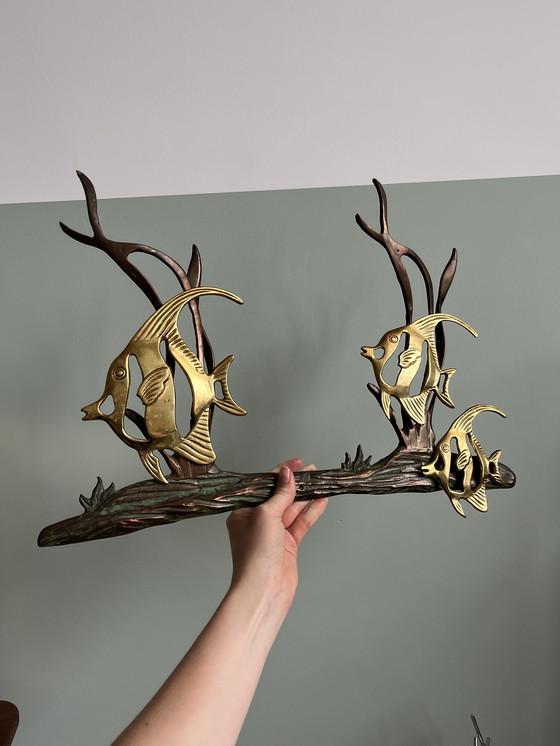 Image 1 of Mid-century wanddecoratie van vissen messing brons