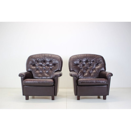 Image 1 of Paar vintage fauteuils van hout en leer, Finland 1980