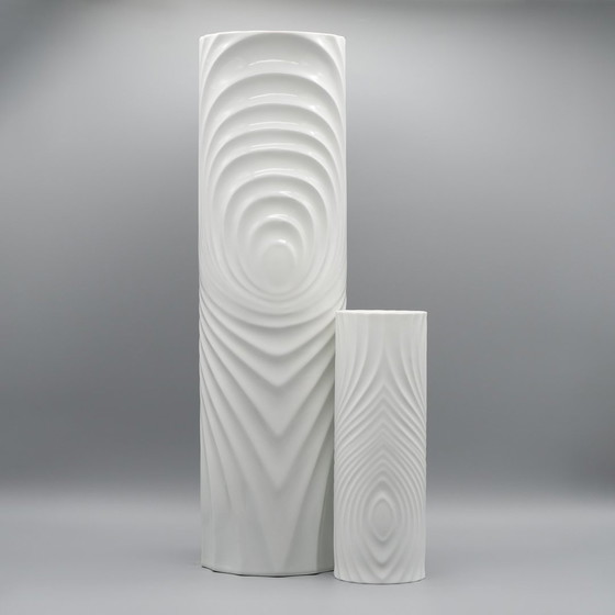 Image 1 of Zeldzame Op-Art Reliëf Bisque Porseleinen Tafel & Xl Vloervaas Duo Scherzer Werne Uhl