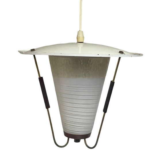 Image 1 of MCM - Vintage plafondlamp - Met teakhout en koperen accenten