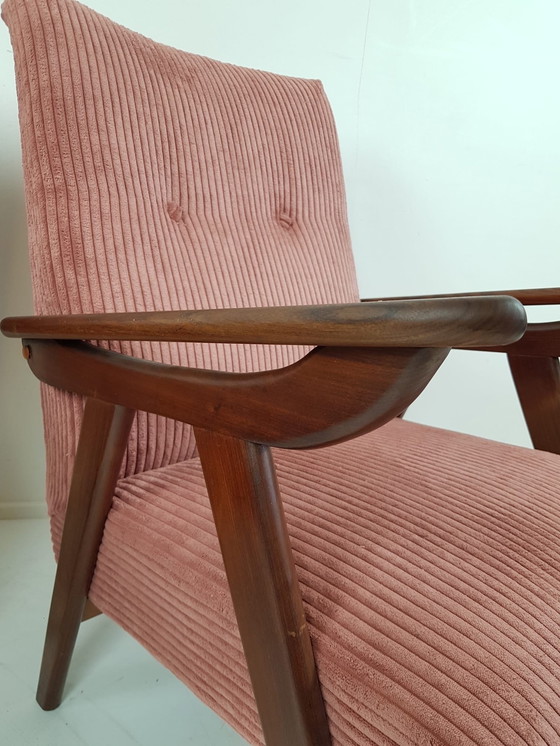 Image 1 of Vintage Fauteuils Teak Roze Ribstof Nieuw