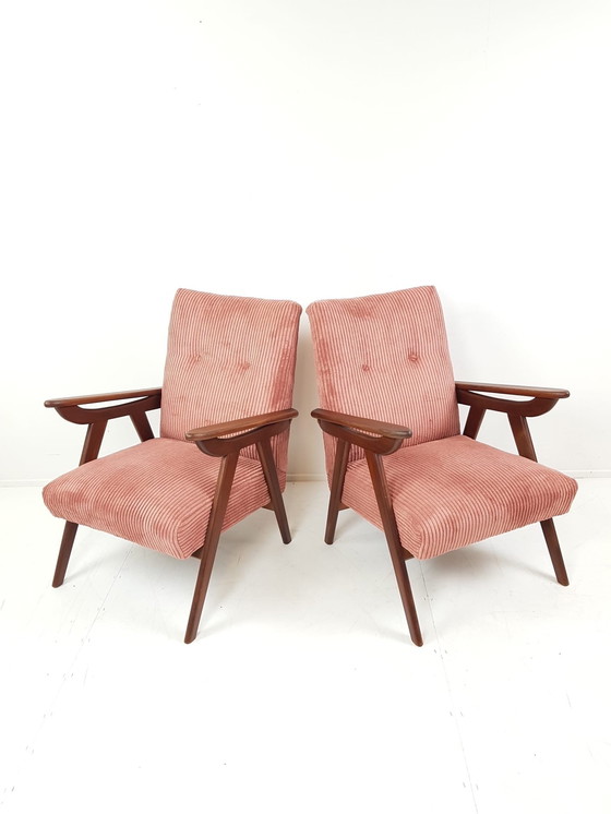 Image 1 of Vintage Fauteuils Teak Roze Ribstof Nieuw