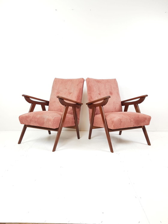 Image 1 of Vintage Fauteuils Teak Roze Ribstof Nieuw