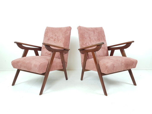 Vintage Fauteuils Teak Roze Ribstof Nieuw