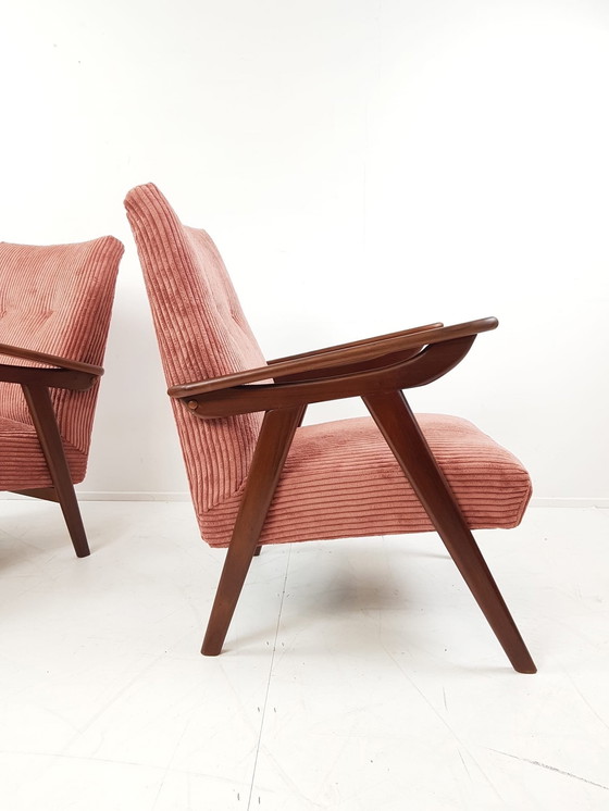 Image 1 of Vintage Fauteuils Teak Roze Ribstof Nieuw