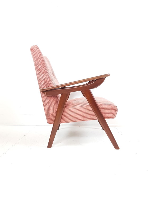 Image 1 of Vintage Fauteuils Teak Roze Ribstof Nieuw