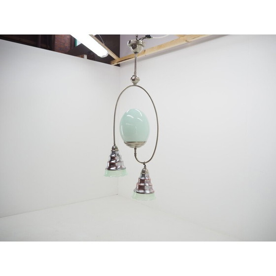 Image 1 of Art Deco vintage kroonluchter in chroom en lichtgroen glas, 1930