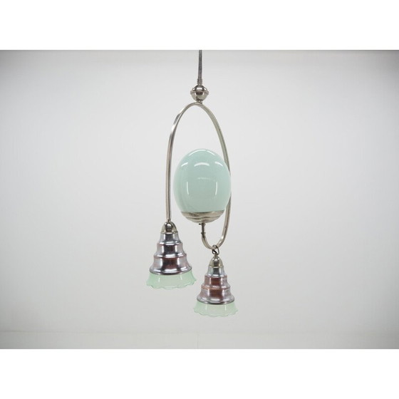 Image 1 of Art Deco vintage kroonluchter in chroom en lichtgroen glas, 1930