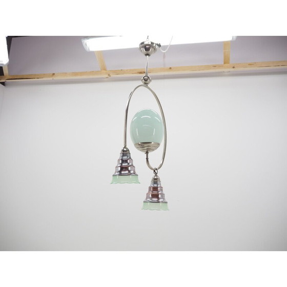 Image 1 of Art Deco vintage kroonluchter in chroom en lichtgroen glas, 1930