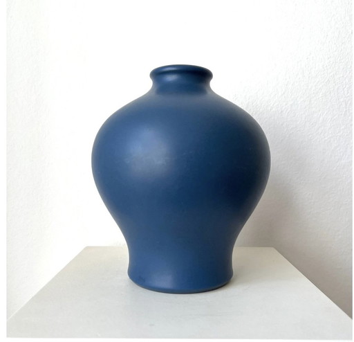 Günther Praschak Knabstrup vaas, Deens, keramiek, vintage, handgemaakt, mat blauw glazuur, 1970S