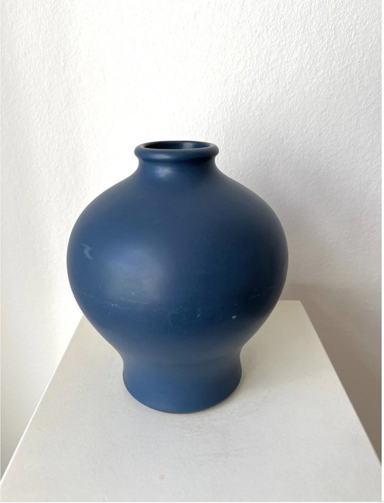Image 1 of Günther Praschak Knabstrup vaas, Deens, keramiek, vintage, handgemaakt, mat blauw glazuur, 1970S